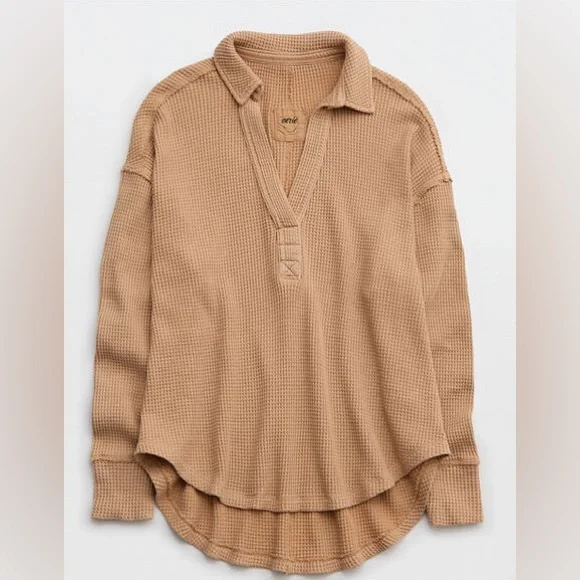Aerie Lumber Jane Waffle Polo Long Sleeve Top Oversized Tan Size Medium - Picture 8 of 8
